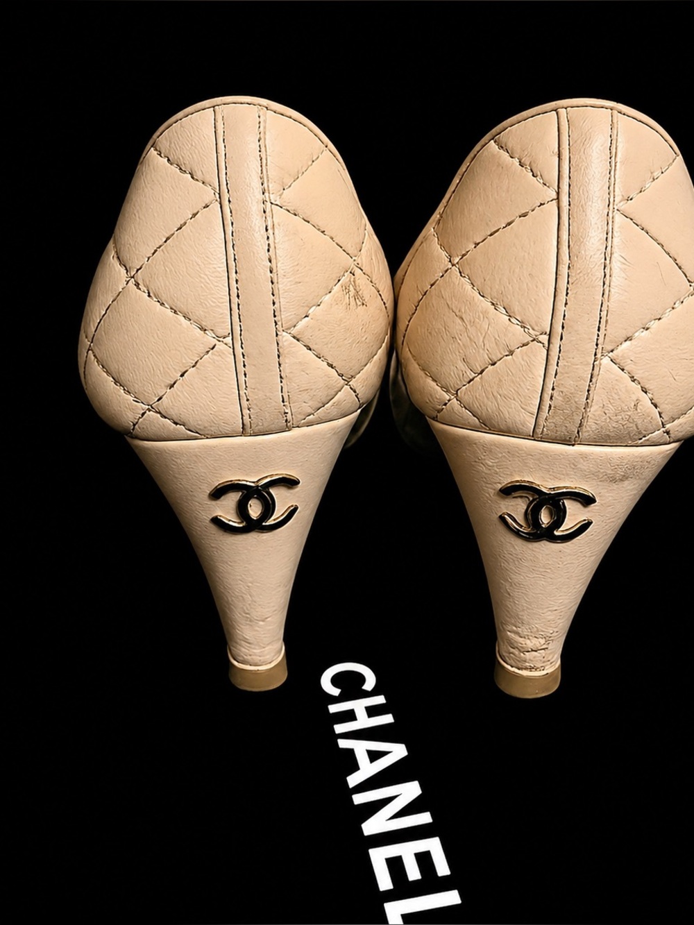 CHANEL Quilted Cap Toe CC Pumps in Beige & Black Leather - Picture 8 of 14